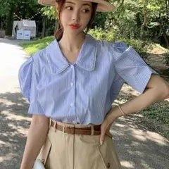 SHEIN 縦縞 パフスリーブ ボタンスルー ブラウス