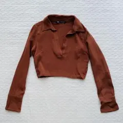 【ZARA】クロップド丈リブポロ襟ロンT（XS）　スキッパー
