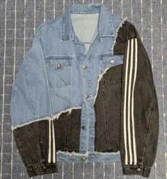 韓国ストリート:パッチワーク3ストライプデニムジャケット