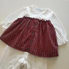 美品★2026SS★70cm familiar 白×チェック長袖ロンパースのサムネイル