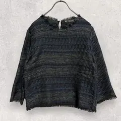 ザラ ZARA フリンジトップス カットソー XS 黒 ラメ 七分袖 上品