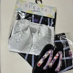 【新品】浴衣・帯・下駄　3点セット　黒地　紫　花柄