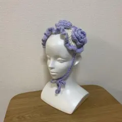 ヘッドドレス　かぎあみ　バラ　白　ブルー