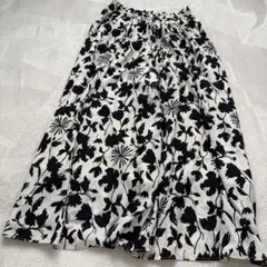 GLOBAL WORK 花柄　白黒　フレアパンツ　ポケット付き　Lサイズ