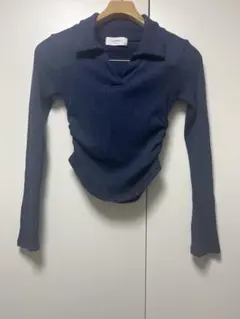 リブニット ポロシャツ風 長袖トップス ネイビー　韓国