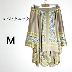 ロペピクニック スカート38 ベージュ花柄スカーフ柄 フレア 膝丈光沢 ゴム切れ