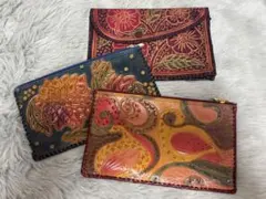 アジアン雑貨 レザーポーチ 3点セット ハンドメイド風