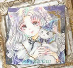 手描きイラスト 120】オリジナル原画色紙 同人 猫「アリスとチェシャ猫
