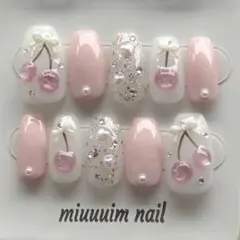 ネイルチップ ピンク さくらんぼ 韓国 ワンホン フレンチガーリー 推し活ネイル