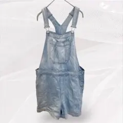 ノーブランド サロペット ショート 無地 青 綿 お出かけ