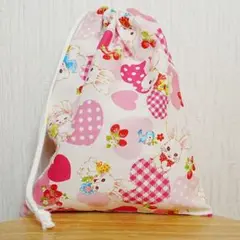 巾着(肩紐タイプ)仲良しうさぎ　K128