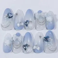 【♡No.23♡】ネイルチップ 青 ブルー ガーリー リボン ハート 量産型