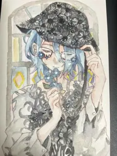 アナログ 透明水彩 原画 オリジナル　メガネ