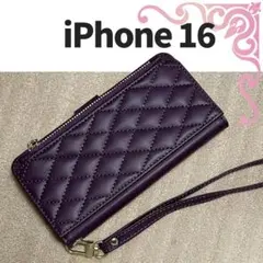 【未使用】iPhone16 キルティング レザー ストラップ 手帳型 ケース 紫