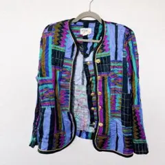 Lady Carol ノーカラージャケット マルチカラー　レトロ 総柄 金ボタン