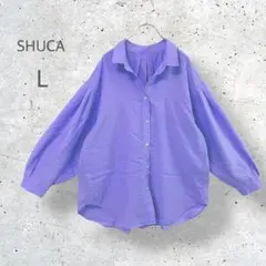 【SHUCA】　リネンブレンド　オープンカラー　長袖シャツ　パフスリーブ　Lのサムネイル