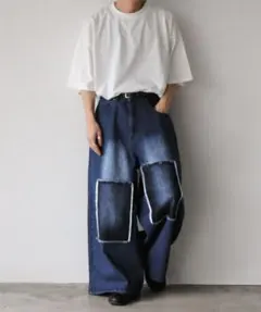 ダメージ加工 ダークブルーワイドレッグデニム