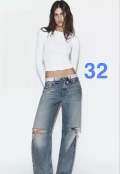 ZARA TRF 折り返しウエストミッドライズデニムパンツ 32 完売品　ブルー