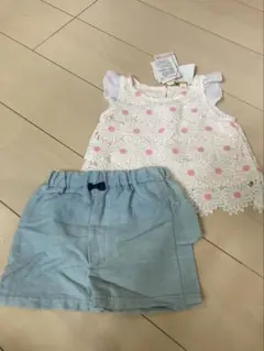 あ*い様 最終限定値下新品バースデイ花柄レーストップスとショートパンツセット80