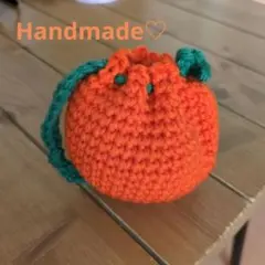ハンドメイド　みかん　オレンジ　巾着　小物入れ　ポーチ　編み物　かぎ針編み