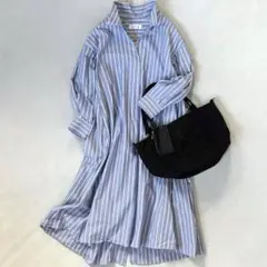 シンプリシテェ　バックシャンAラインシャツワンピース　ストライプ　水色
