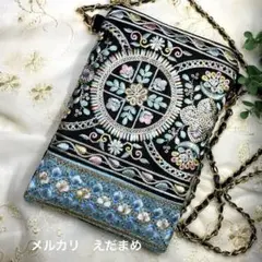 スマホショルダー スマホポシェット サコッシュ インド刺繍リボン ブラック 水色