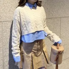 ショートケーブルニット×シャツセット