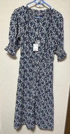 花柄 七分袖 ロングワンピース ネイビー