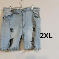 ダメージ加工 ライトブルー ショートパンツ　2XL