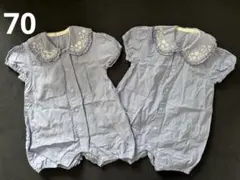 【2枚セット】ベビー ロンパース 70 ブルー 刺繍 襟付き 双子 お揃い