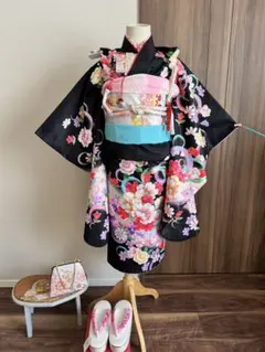 七五三 舞妓さん風衣裳 7歳用 着物、帯、ポックリ下駄、刺繍半衿付き