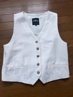 ZARA ホワイト リネン混　ノースリーブベスト　ジレ　【美品】