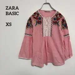 ZARA BASIC ザラ刺繍ビーズ装飾入り五分袖シャツ XS c383③