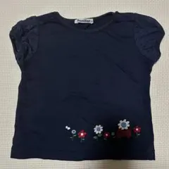 【美品】ファミリア　ネイビーTシャツ　お花　チェック　りぼん　レース