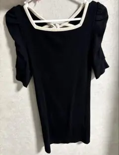リブ編み ブラック ミニワンピース 半袖