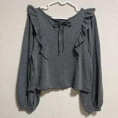 Cutie Beauty 白黒チェック　バックリボン肩フリルトップス