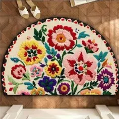 玄関マット 花柄 刺繍風 半円 室内 北欧 アンティーク調 ラグ 洗える