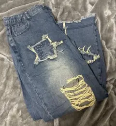 星形ダメージデニムワイドレッグパンツ