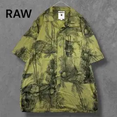 美品 RAW 総柄プリントシャツ 半袖 オリーブ グリーン アロハ M コットン