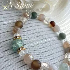 天然石ビーズブレスレットグリーンブラウンクリアゴールド 16cm「52」