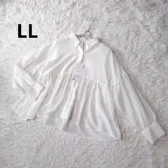 新品 大きいサイズ LL ペプラム シアー ブラウス シャツ 白 異素材