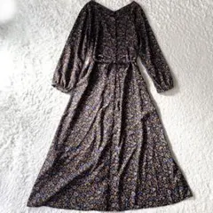 KBF+ 花柄ロングシャツワンピース　ウエストリボンベルト　ブラック　ワンサイズ