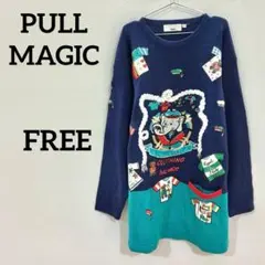 PULL MAGIC デザインニット セーター 刺繍 総柄 ネイビー Fサイズのサムネイル