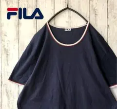 【ビンテージ★古着】フィラ Tシャツ 半袖ネイビー ワンポイントライン 刺繍ロゴ