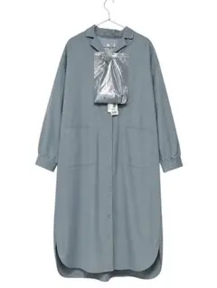 【新品未使用タグ付き】シャツワンピース くすみブルー ロング丈 ポケット付き