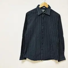 コットン100%長袖ストライプ柄シャツ　M　紺ネイビー系ピンク系　カジュアル