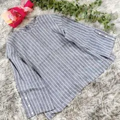 美品 エンスウィート リネン100% ストライプ柄 ブラウス シャツ ブルー Mのサムネイル