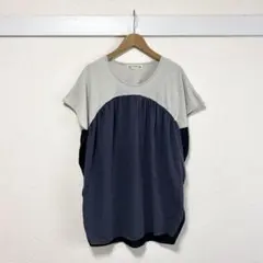 BEAMS HEART 異素材切替 ギャザーカットソー ドッキング 半袖 グレーのサムネイル