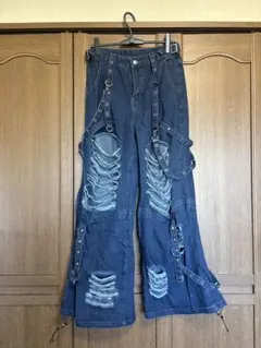 ダメージ加工ワイドレッグデニムパンツ