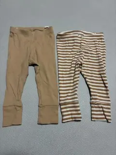 リブ編み ベージュとストライプ パンツ 2点セット